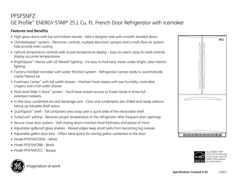 Pfsf5nfz, Ge profile, Energy star | 1 cu. ft. french door refrigerator with icemaker | GE ENERGY STAR PFSF5NFZ User Manual | Page 2 / 2