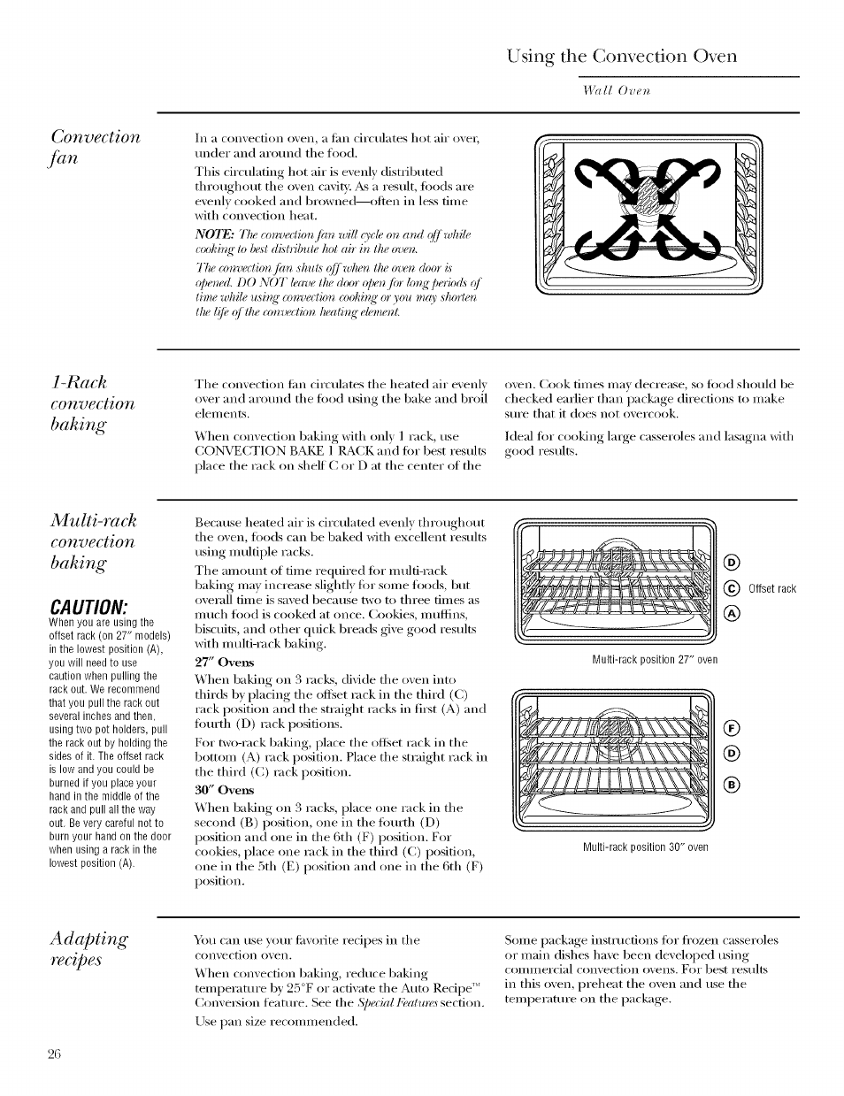 Multi-rack, Convection, Baking | Convection -31, Using the convection oven, Convection fan, Rack convection baking, Multi-rack convection baking, Adapting recipes | GE ZET958 User Manual | Page 26 / 48