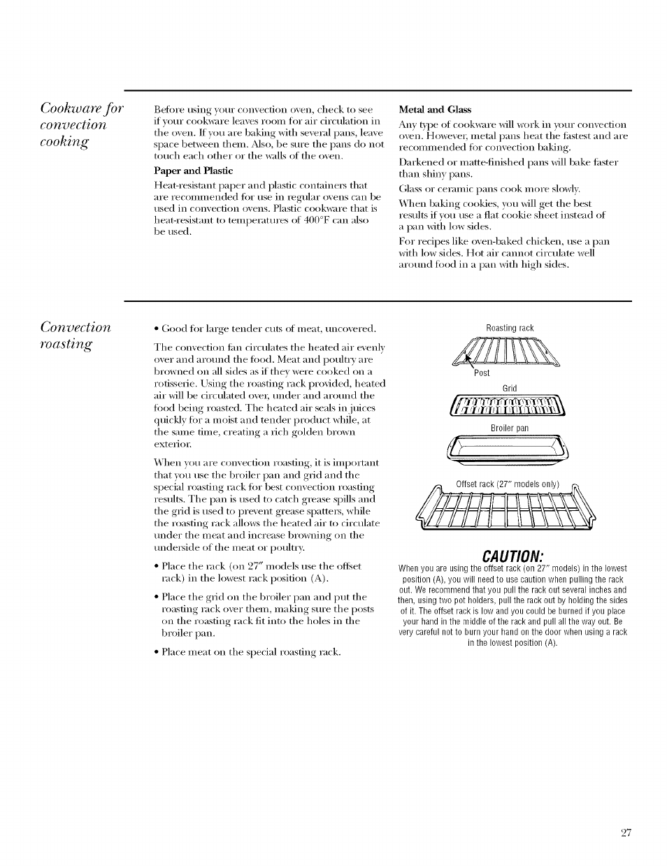 Metal and glass, Cookware for convection cooking | GE ZET958 User Manual | Page 27 / 48