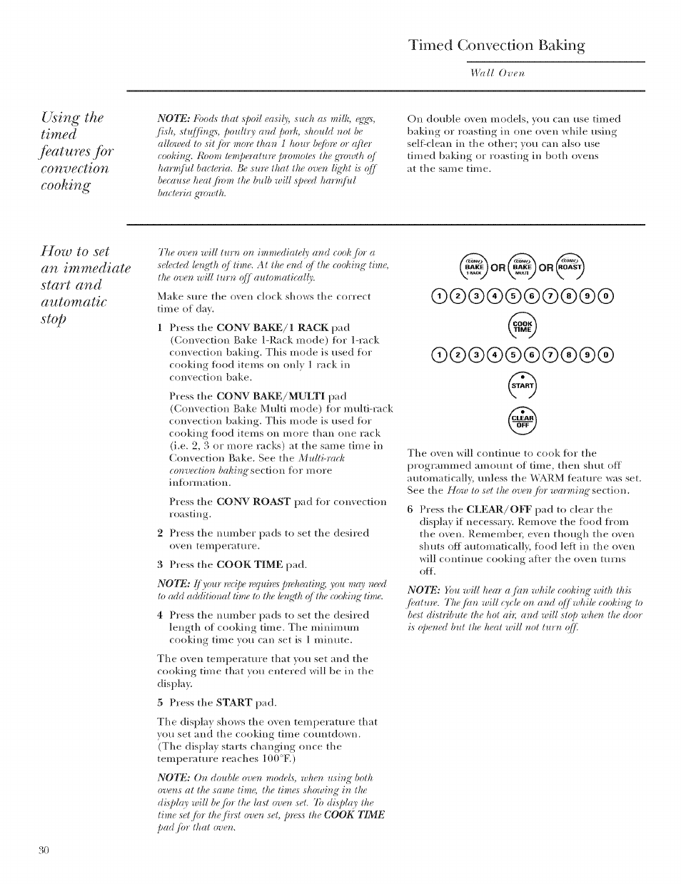 Timed convection baking, Using the timed features for convection cooking, How to set an immediate start and, automatic stop | GE ZET958 User Manual | Page 30 / 48