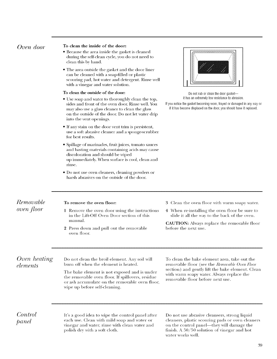To clean the inside of the door, To clean the outside of the door, Rernoveible to remove the oven floor | GE ZET958 User Manual | Page 39 / 48