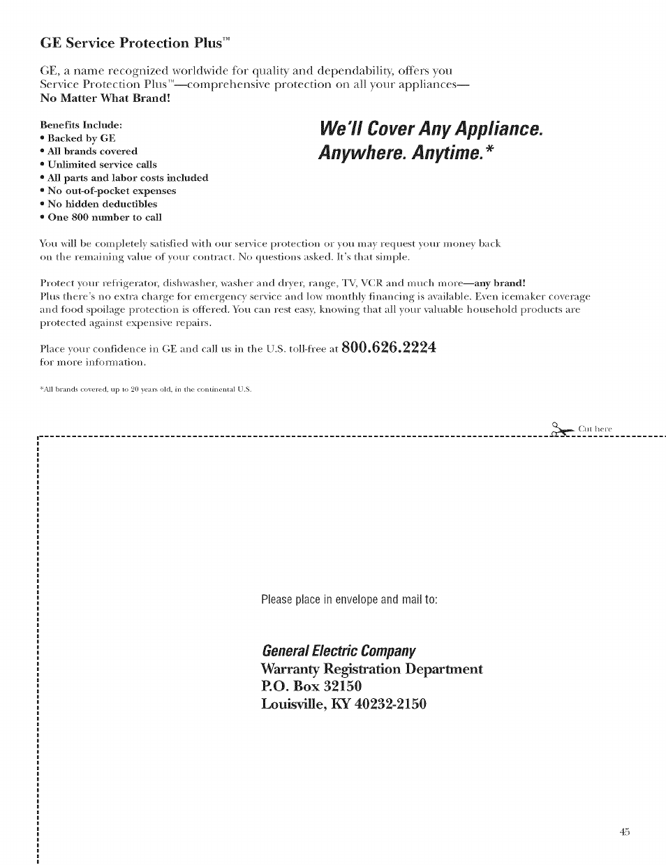 Well cover any appliance. mnywhere. anytime, Ge service protection | GE ZET958 User Manual | Page 45 / 48