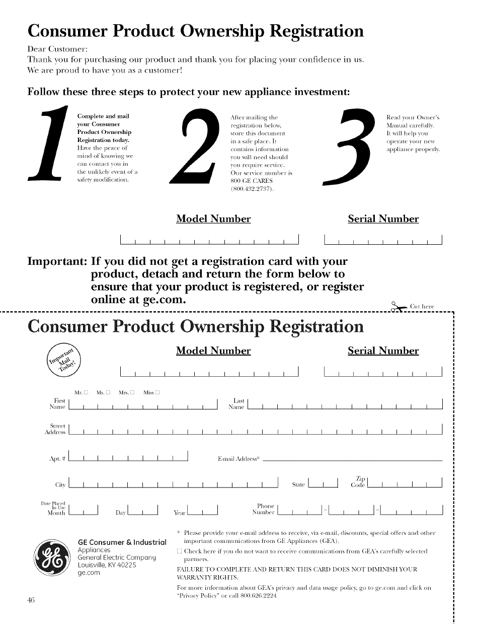Consumer product ownership registration, Model number serial number | GE ZET958 User Manual | Page 46 / 48