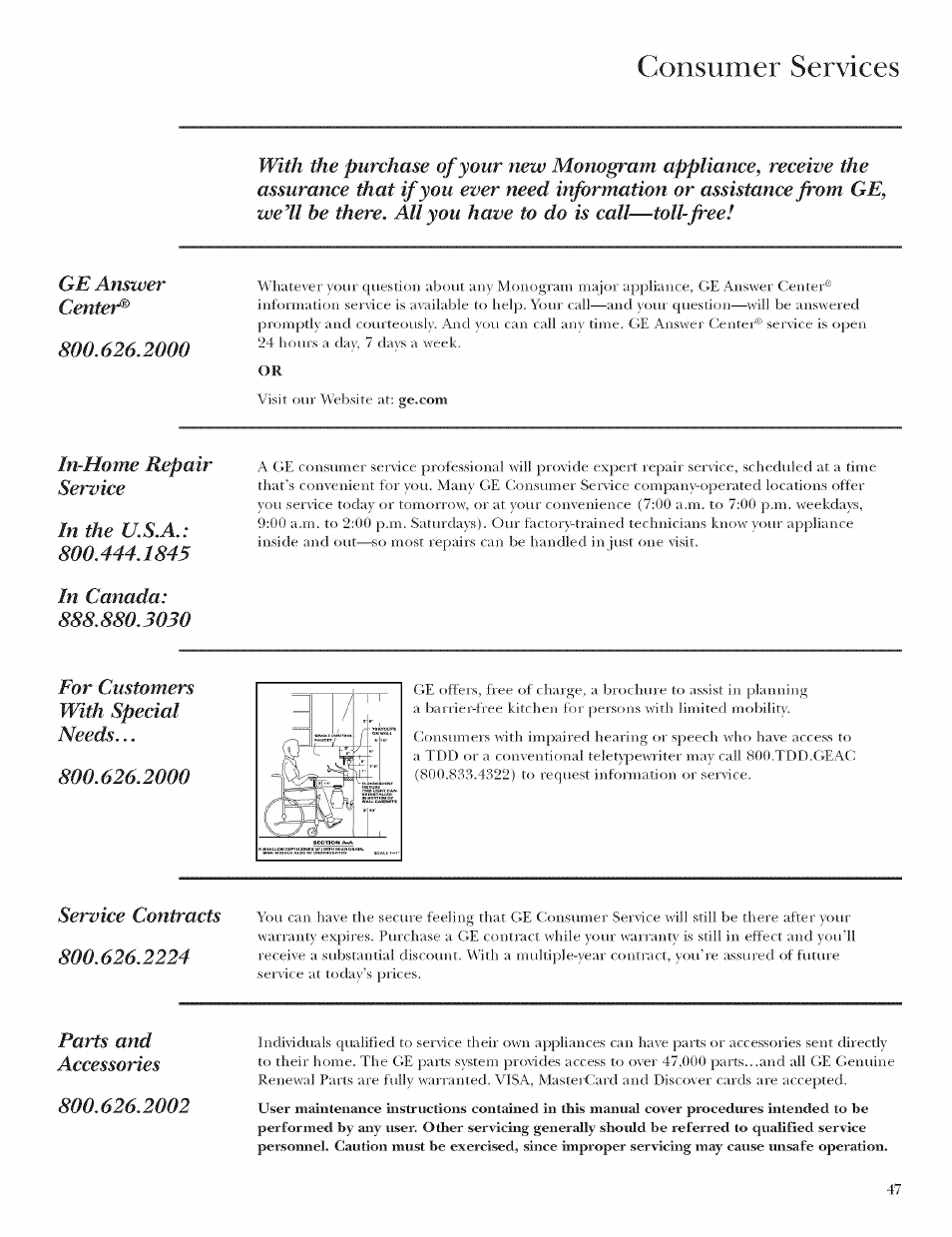 Consumer services | GE ZET958 User Manual | Page 47 / 48