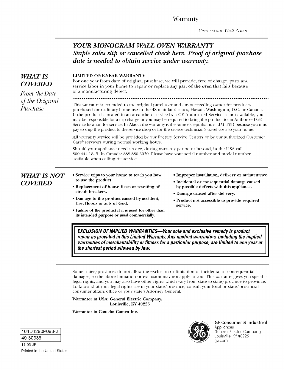 Warranty, What is not covered | GE ZET958 User Manual | Page 48 / 48