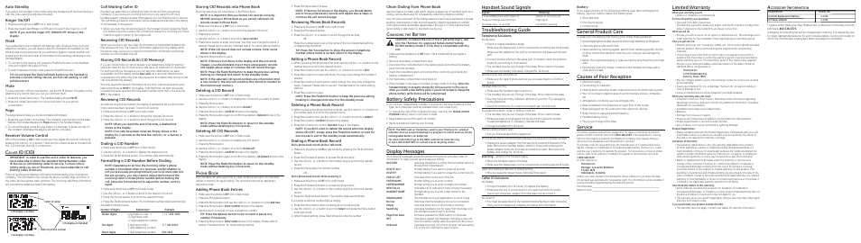 Handset sound signals, Troubleshooting guide, Id (cid) | Battery safety precautions, General product care, Causes of poor reception, Service, Limited warranty, Display messages, Auto standby | GE 27903 User Manual | Page 2 / 2