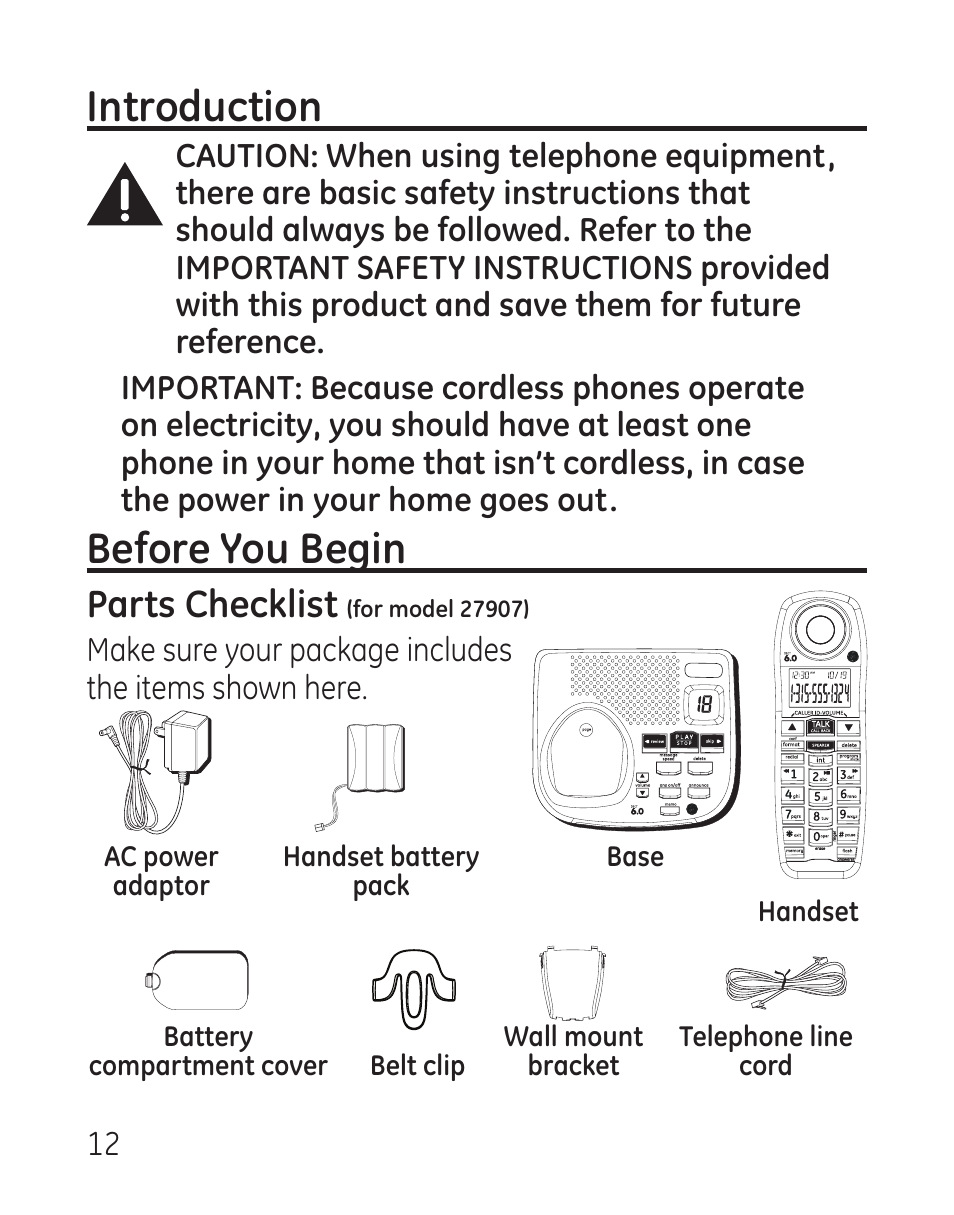 Introduction, Before you begin, Parts checklist | GE 27907 Series User Manual | Page 12 / 94