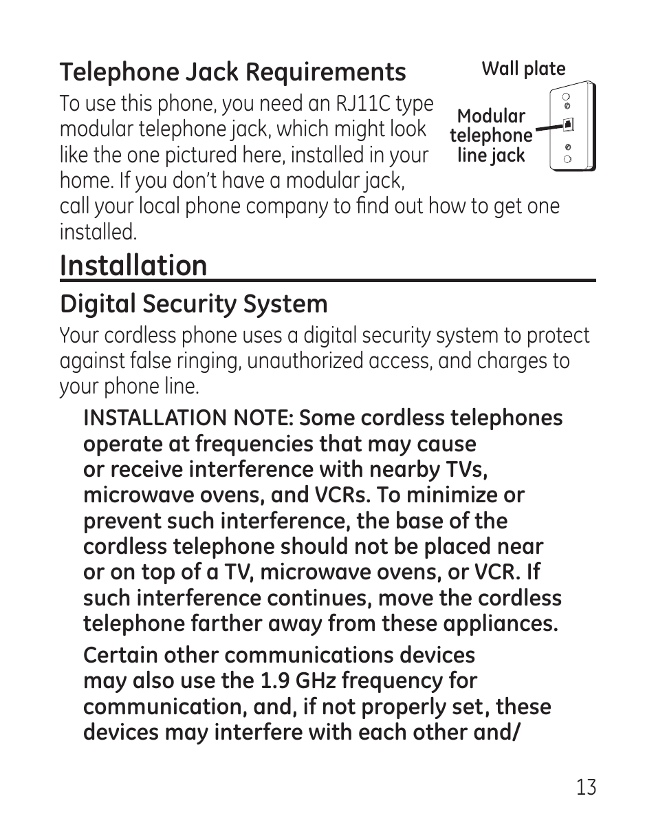 Installation, Telephone jack requirements, Digital security system | GE 27907 Series User Manual | Page 13 / 94