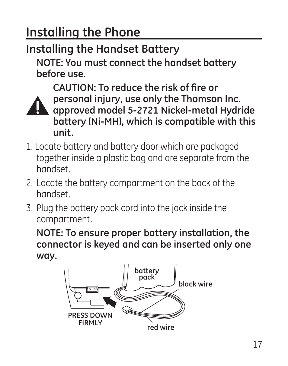 Installing the phone, Installing the handset battery | GE 27907 Series User Manual | Page 17 / 94