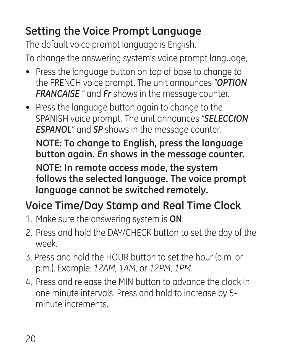 Setting the voice prompt language, Voice time/day stamp and real time clock | GE 27907 Series User Manual | Page 20 / 94