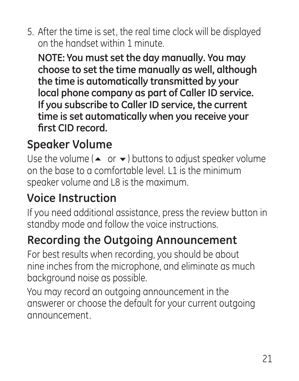 Speaker volume, Voice instruction, Recording the outgoing announcement | GE 27907 Series User Manual | Page 21 / 94