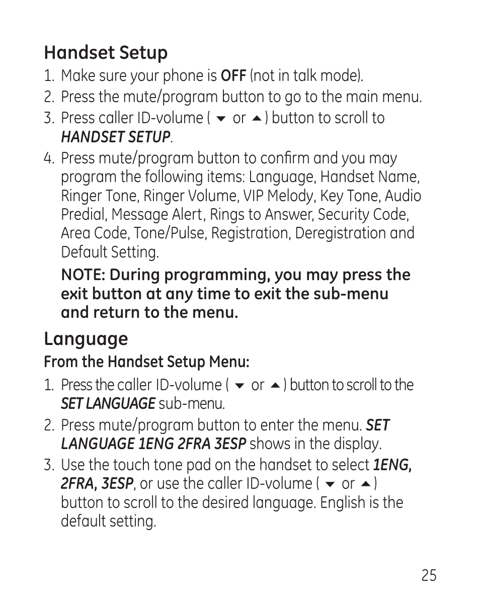 Handset setup, Language | GE 27907 Series User Manual | Page 25 / 94