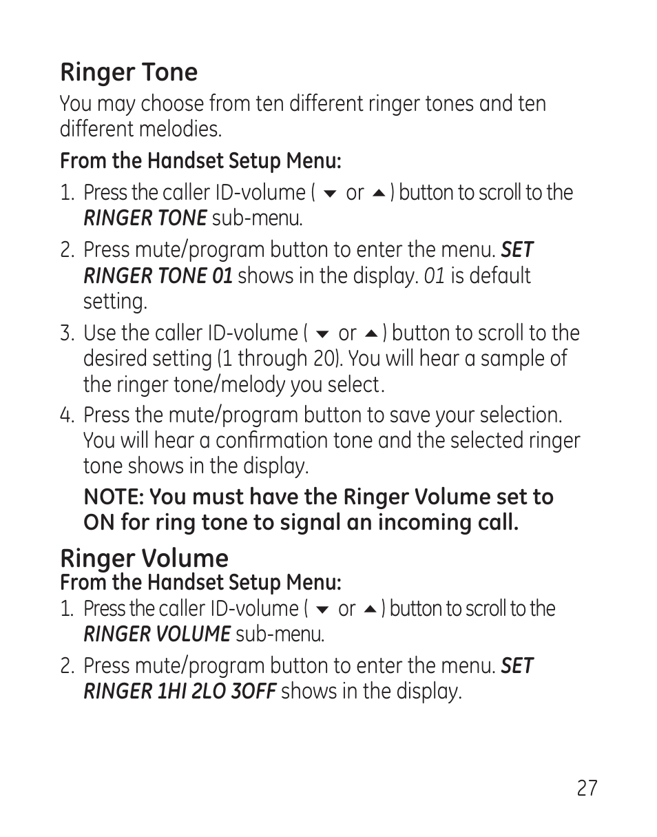 Ringer tone, Ringer volume | GE 27907 Series User Manual | Page 27 / 94