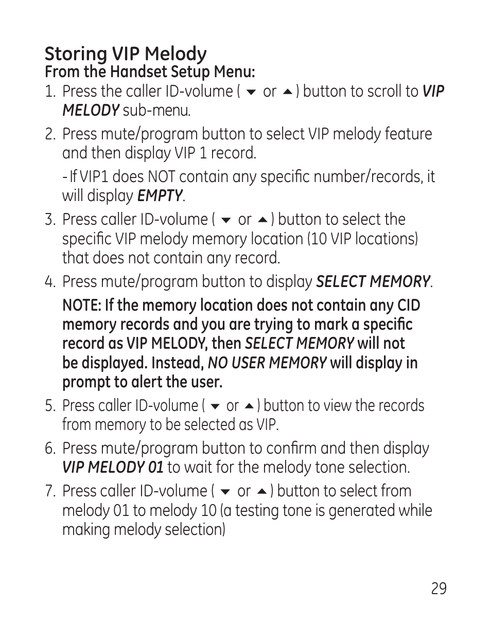Storing vip melody | GE 27907 Series User Manual | Page 29 / 94