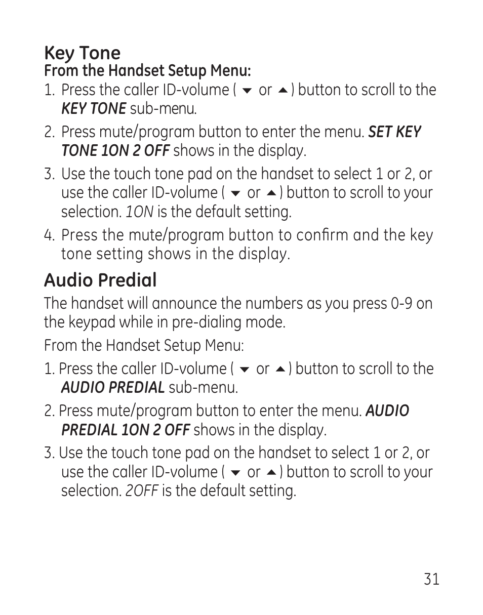 Key tone, Audio predial | GE 27907 Series User Manual | Page 31 / 94
