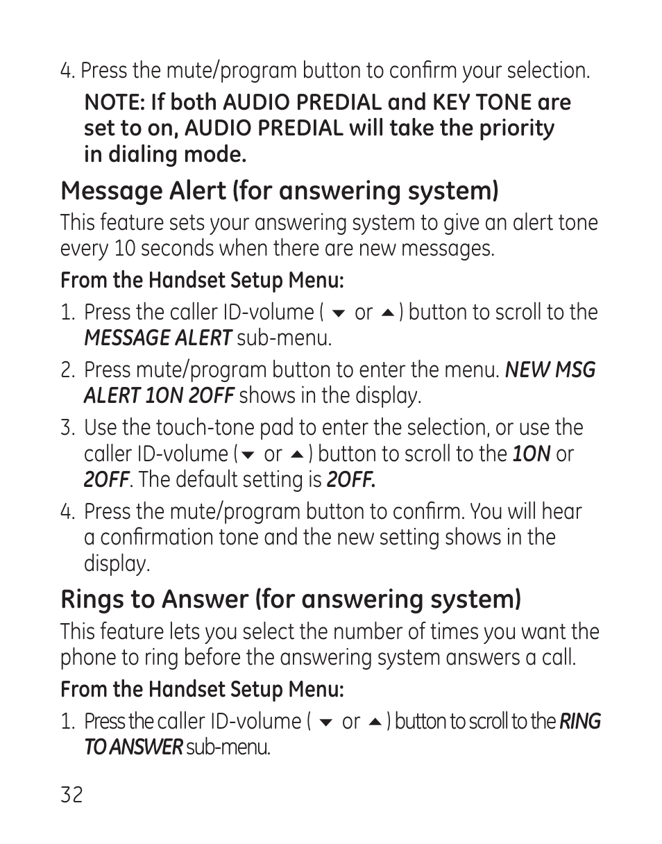 Message alert (for answering system), Rings to answer (for answering system) | GE 27907 Series User Manual | Page 32 / 94