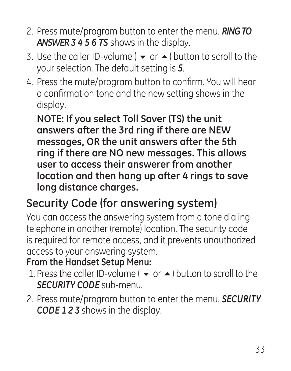 Security code (for answering system) | GE 27907 Series User Manual | Page 33 / 94
