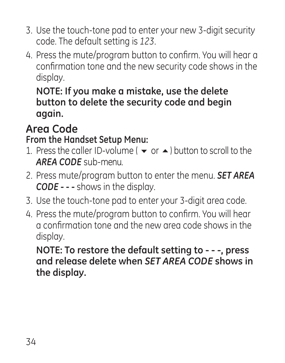 Area code | GE 27907 Series User Manual | Page 34 / 94
