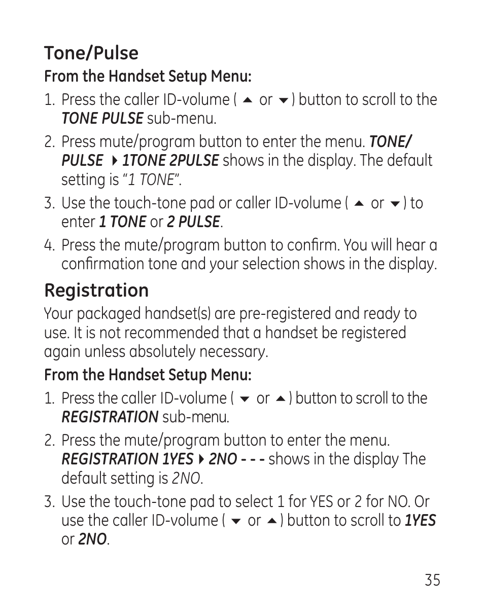 Tone/pulse, Registration | GE 27907 Series User Manual | Page 35 / 94