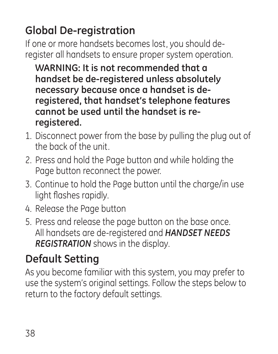 Global de-registration, Default setting | GE 27907 Series User Manual | Page 38 / 94