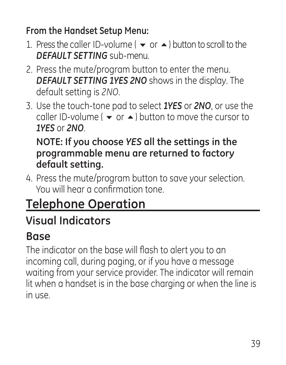 Telephone operation, Visual indicators base | GE 27907 Series User Manual | Page 39 / 94