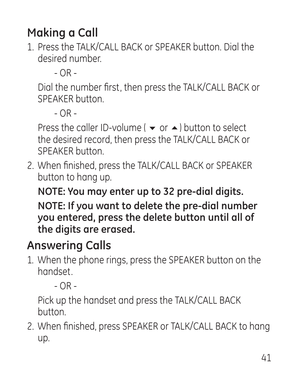 Making a call, Answering calls | GE 27907 Series User Manual | Page 41 / 94