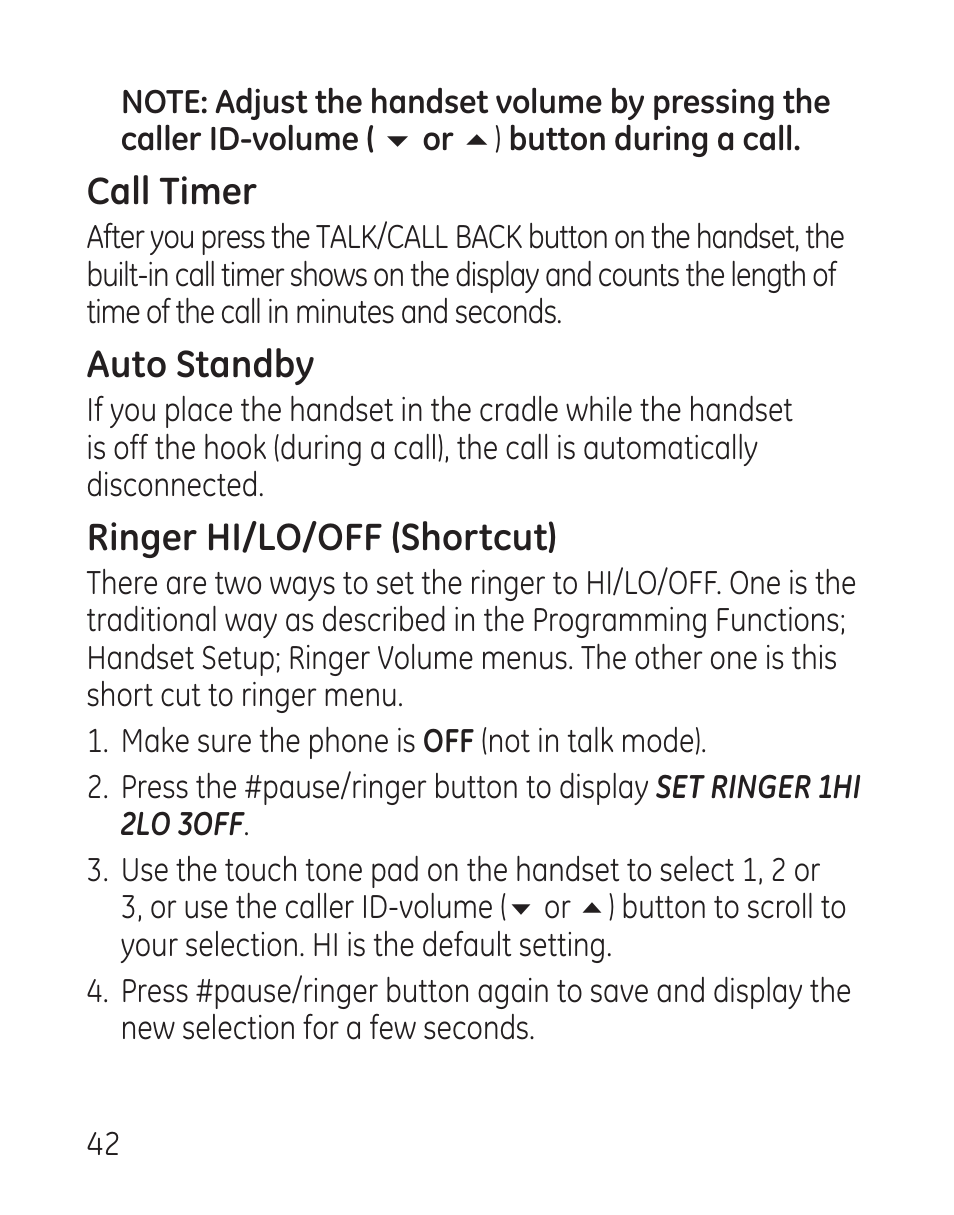 Call timer, Auto standby, Ringer hi/lo/off (shortcut) | GE 27907 Series User Manual | Page 42 / 94
