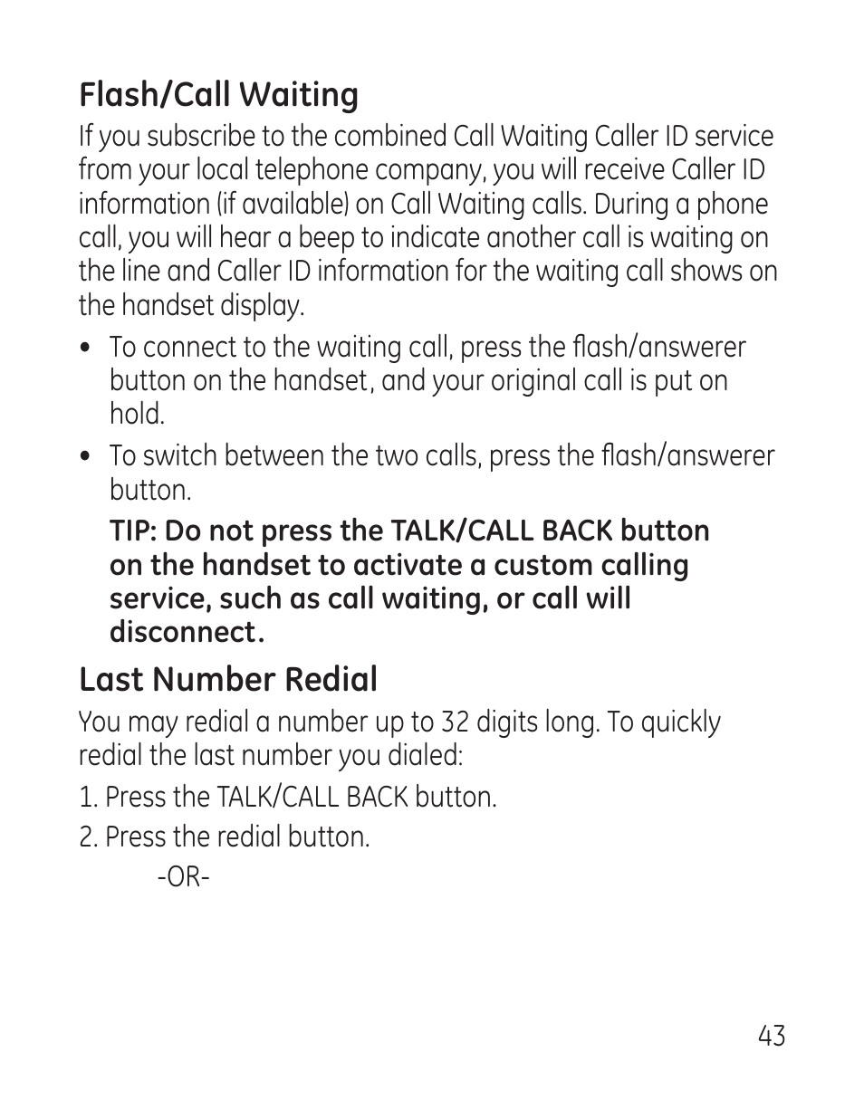 Flash/call waiting, Last number redial | GE 27907 Series User Manual | Page 43 / 94