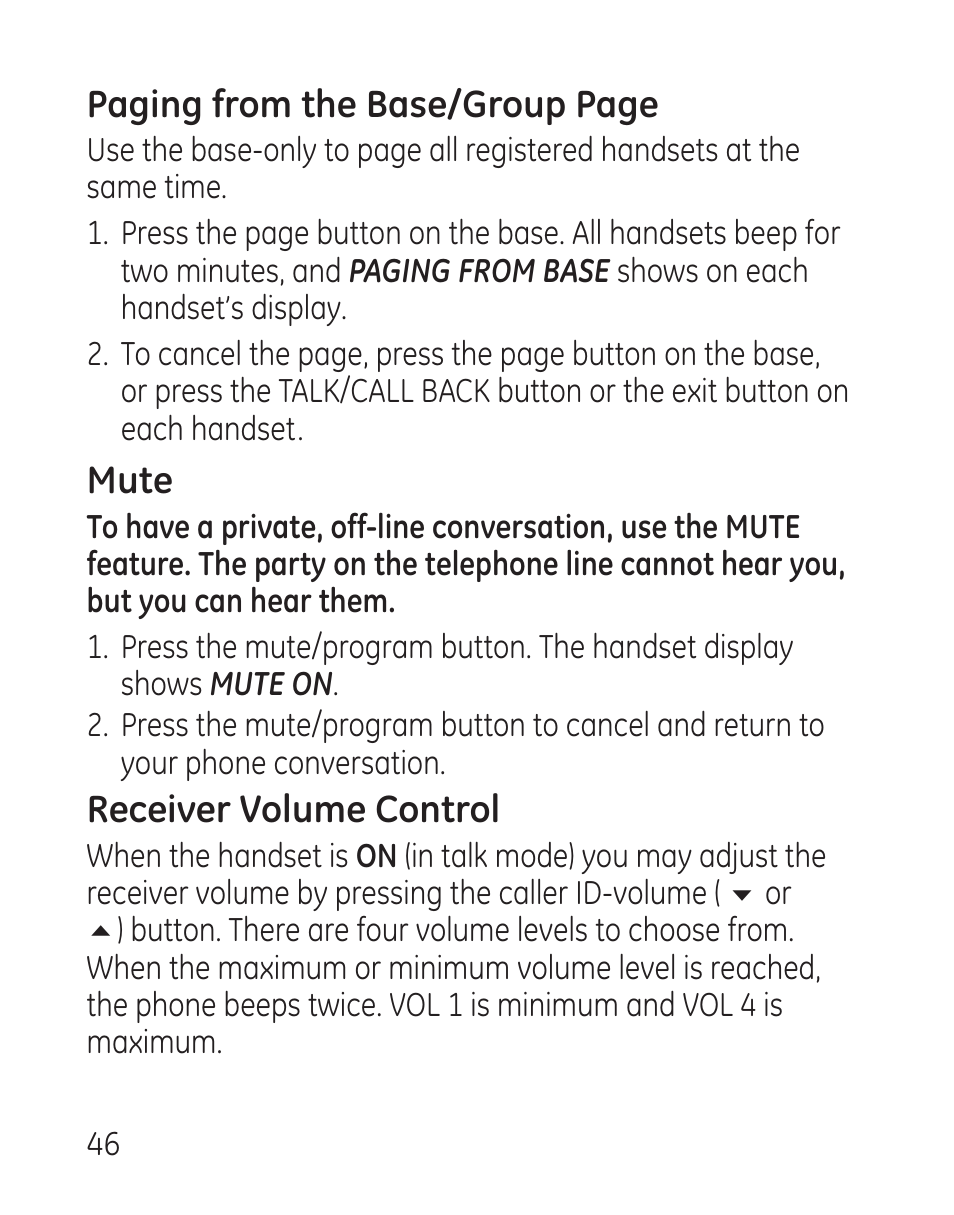 Paging from the base/group page, Mute, Receiver volume control | GE 27907 Series User Manual | Page 46 / 94