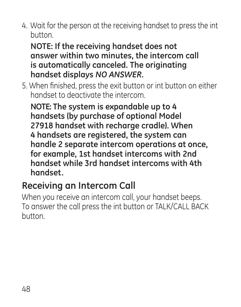 Receiving an intercom call | GE 27907 Series User Manual | Page 48 / 94