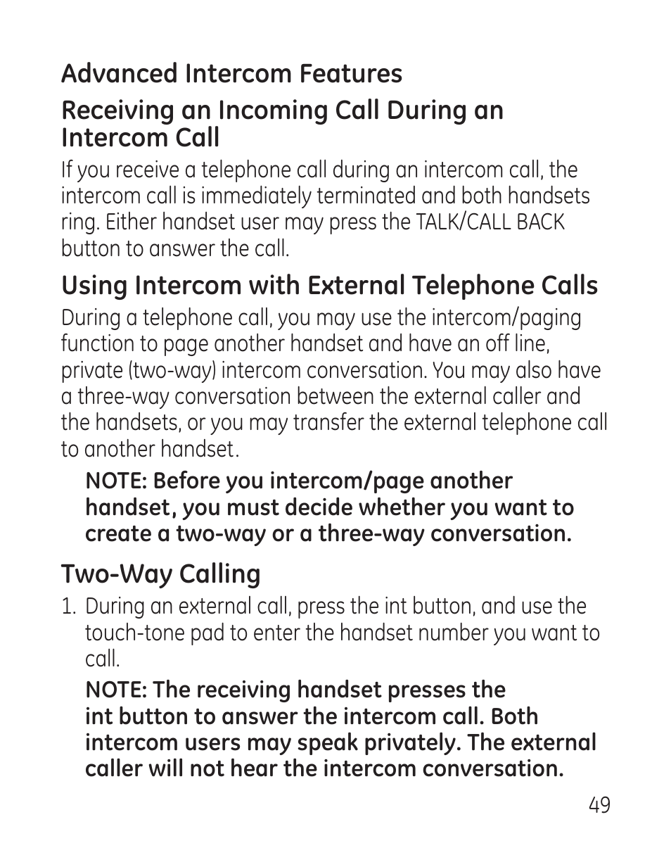Using intercom with external telephone calls, Two-way calling | GE 27907 Series User Manual | Page 49 / 94