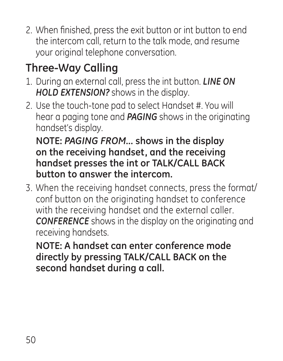Three-way calling | GE 27907 Series User Manual | Page 50 / 94
