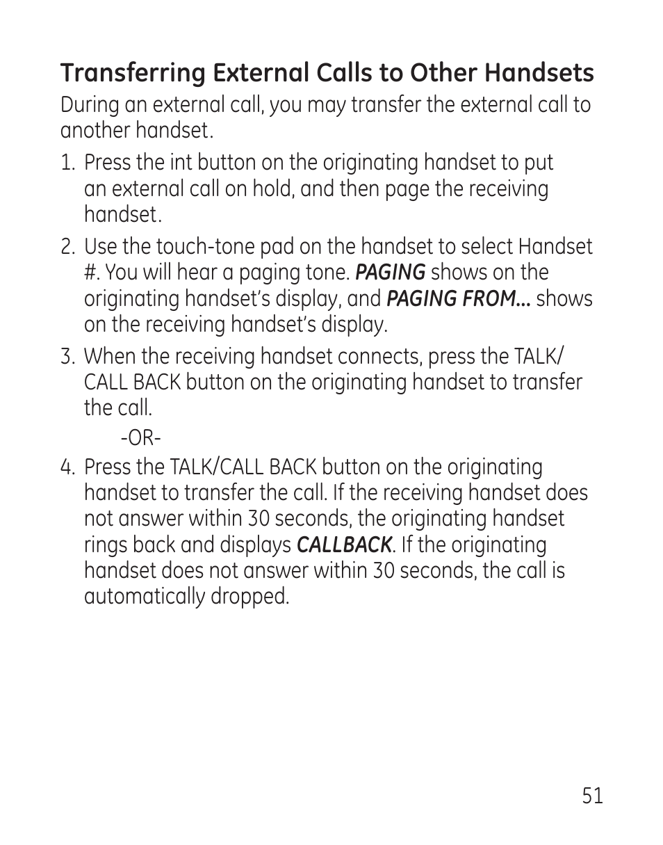 Transferring external calls to other handsets | GE 27907 Series User Manual | Page 51 / 94