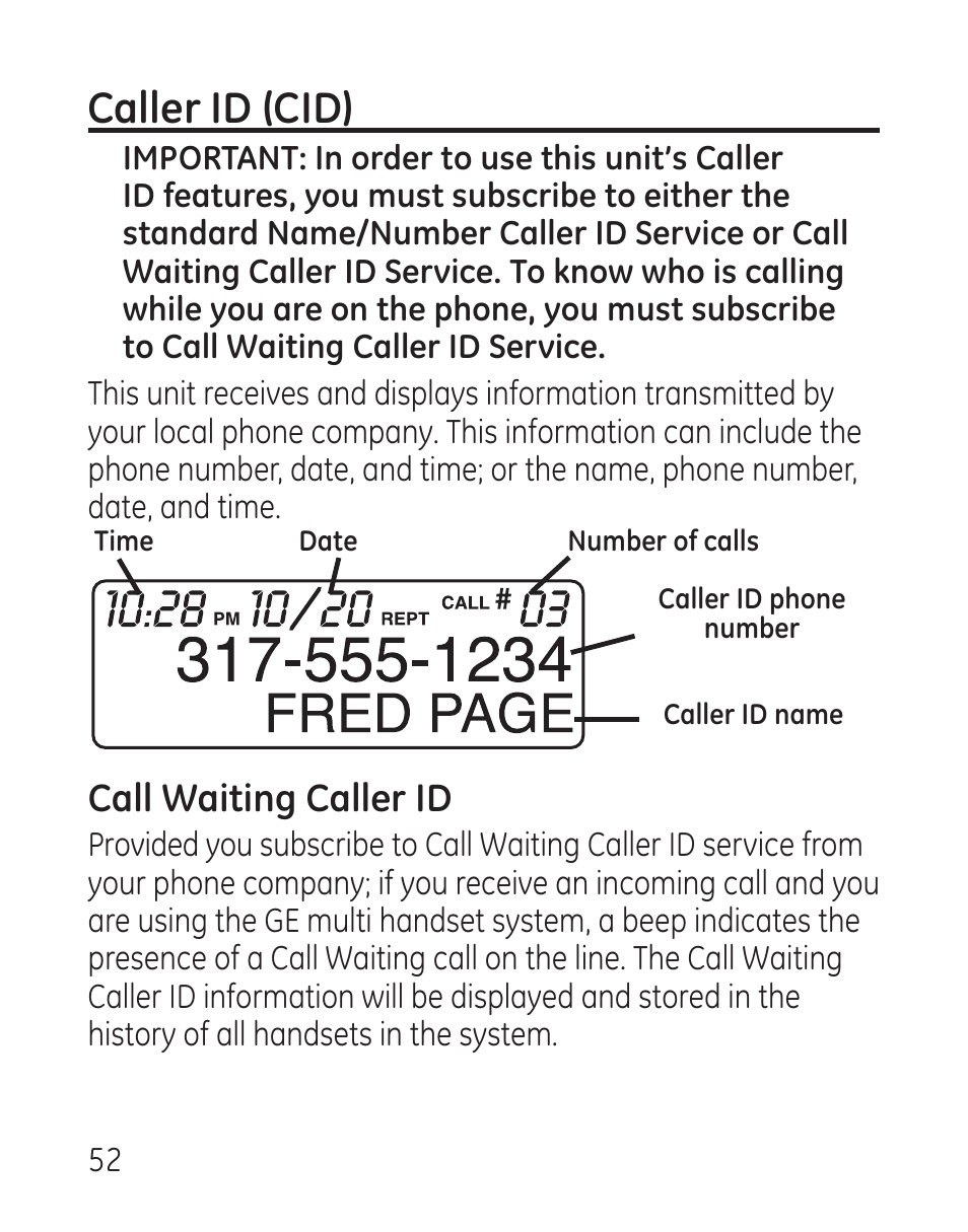 Caller id (cid), Call waiting caller id | GE 27907 Series User Manual | Page 52 / 94