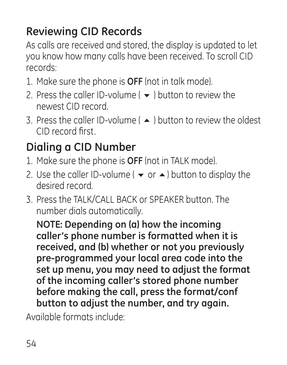 Reviewing cid records, Dialing a cid number | GE 27907 Series User Manual | Page 54 / 94