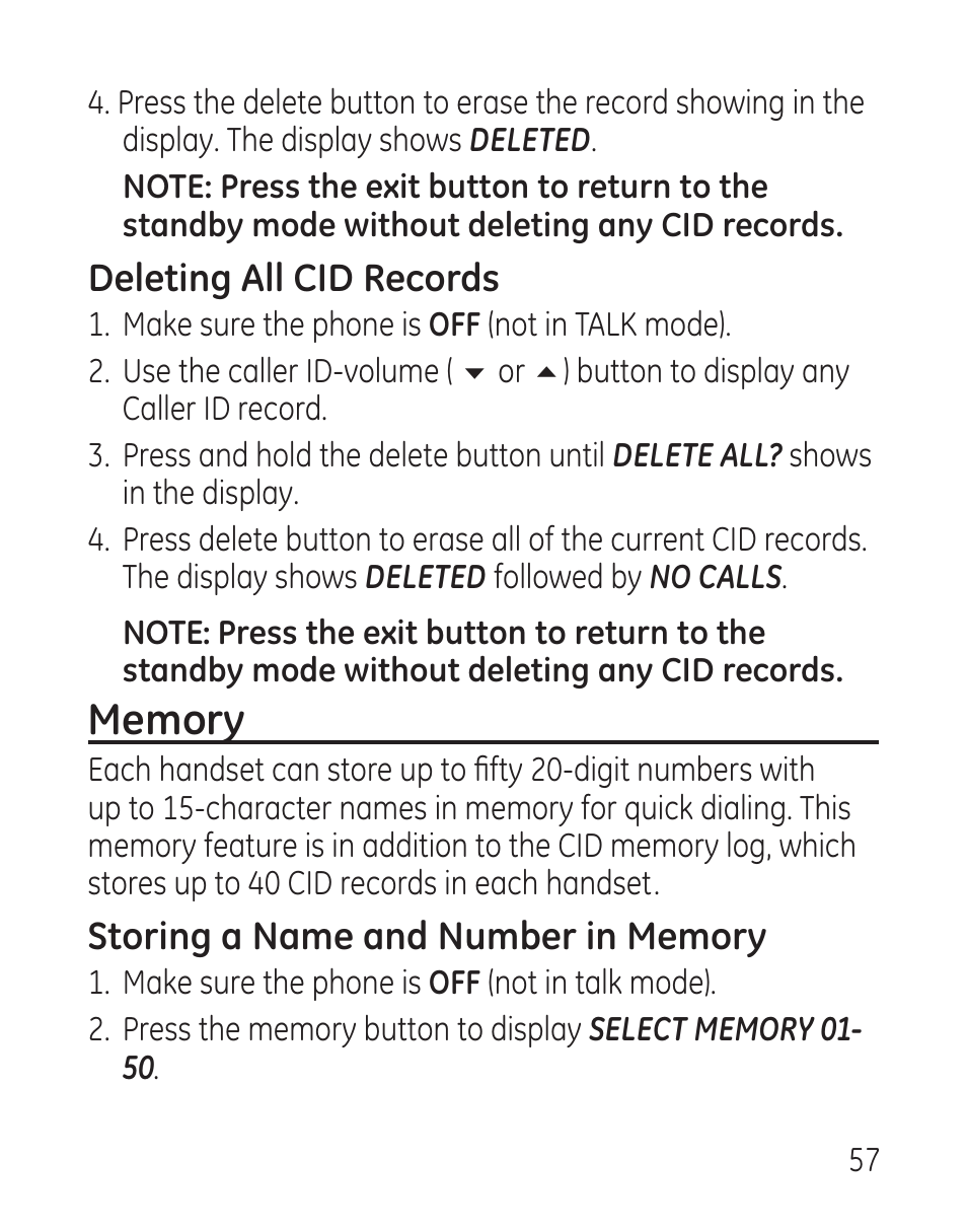 Deleting all cid records | GE 27907 Series User Manual | Page 57 / 94