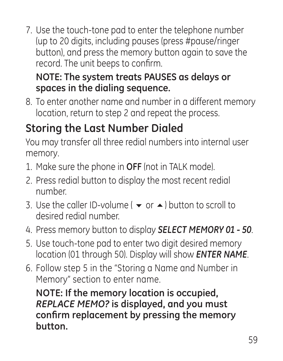 Storing the last number dialed | GE 27907 Series User Manual | Page 59 / 94