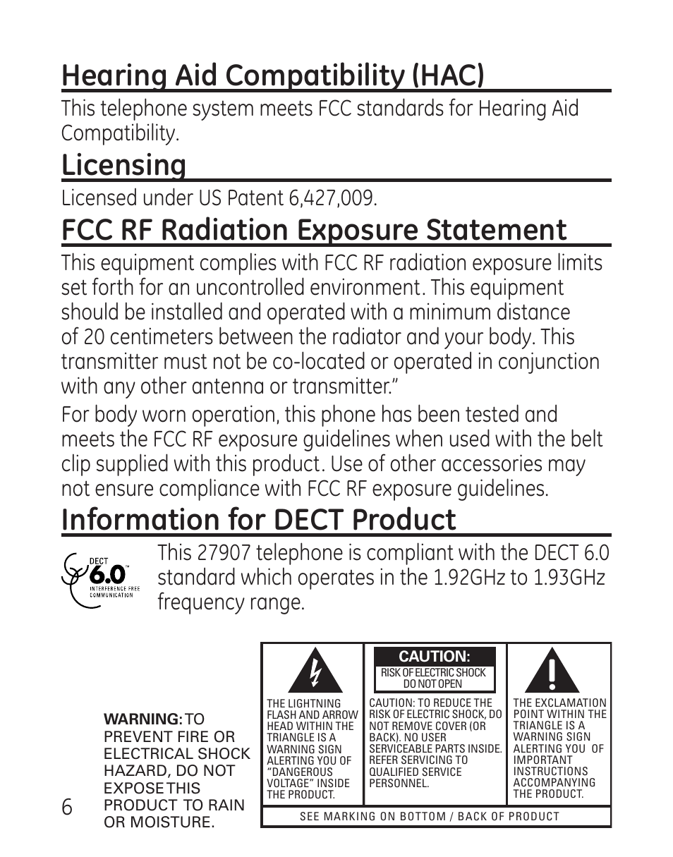 Hearing aid compatibility (hac), Licensing, Fcc rf radiation exposure statement | Information for dect product | GE 27907 Series User Manual | Page 6 / 94