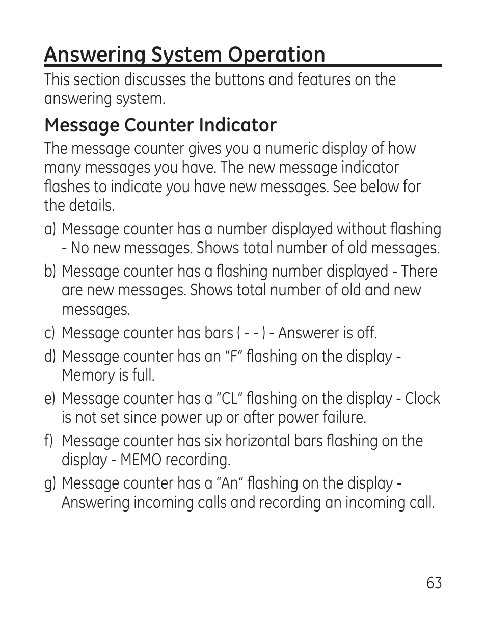 Answering system operation, Message counter indicator | GE 27907 Series User Manual | Page 63 / 94