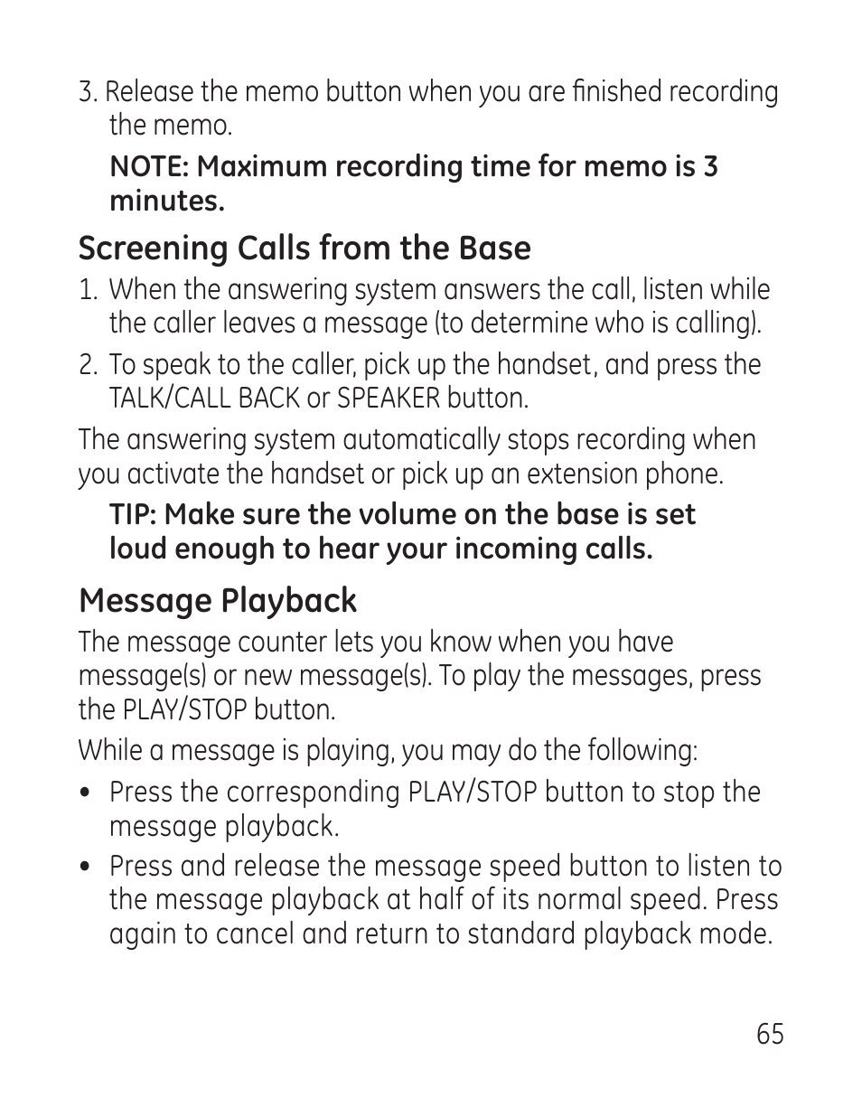 Screening calls from the base, Message playback | GE 27907 Series User Manual | Page 65 / 94