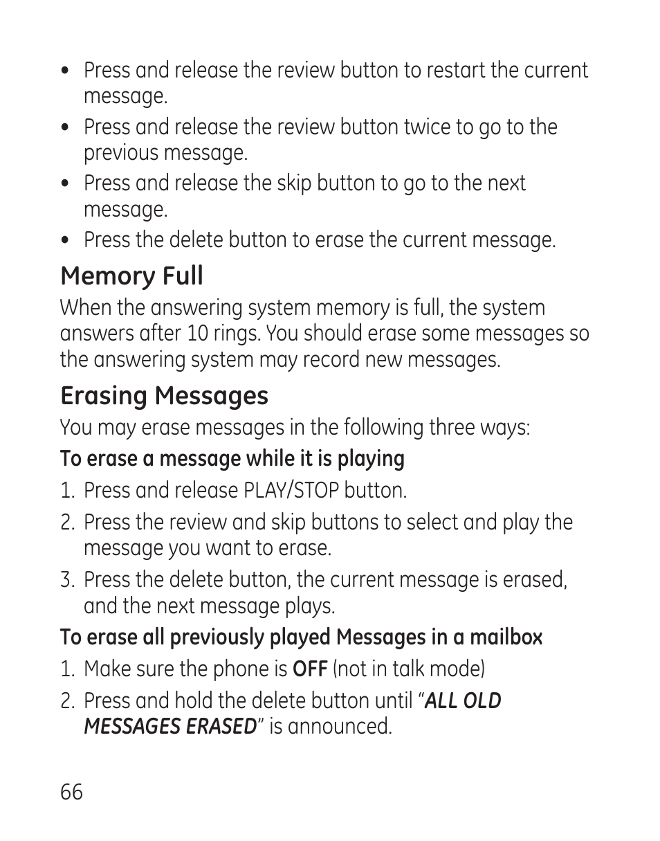 Erasing messages | GE 27907 Series User Manual | Page 66 / 94
