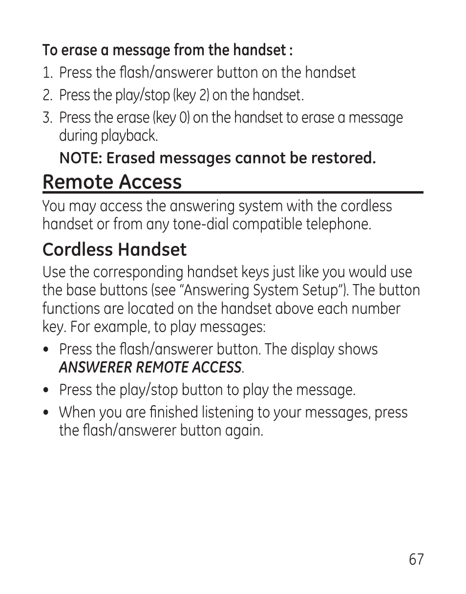 Remote access, Cordless handset | GE 27907 Series User Manual | Page 67 / 94