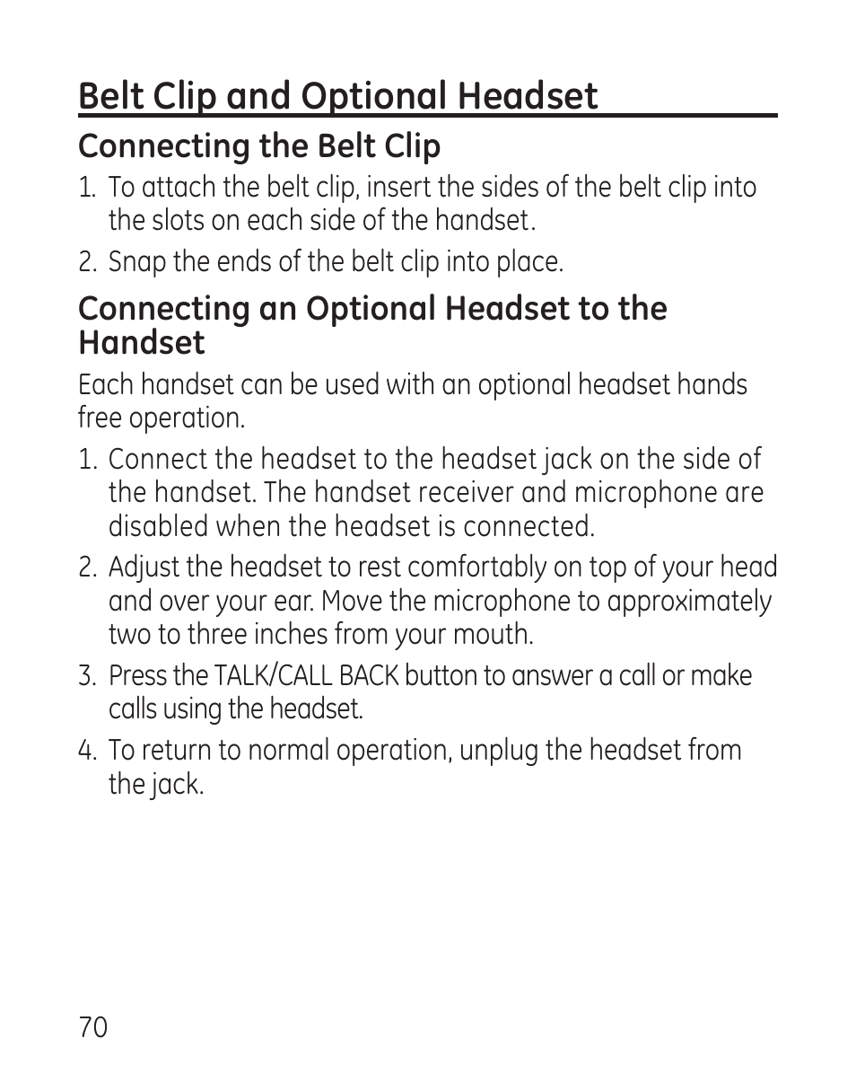 Belt clip and optional headset, Connecting the belt clip, Connecting an optional headset to the handset | GE 27907 Series User Manual | Page 70 / 94
