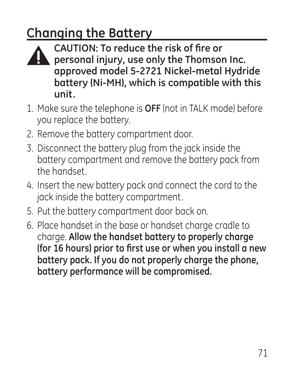 Changing the battery | GE 27907 Series User Manual | Page 71 / 94