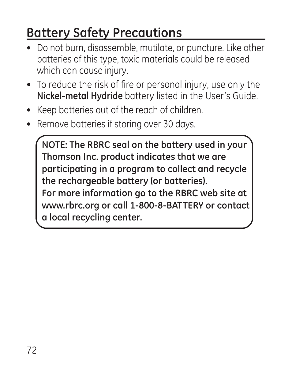 Battery safety precautions | GE 27907 Series User Manual | Page 72 / 94