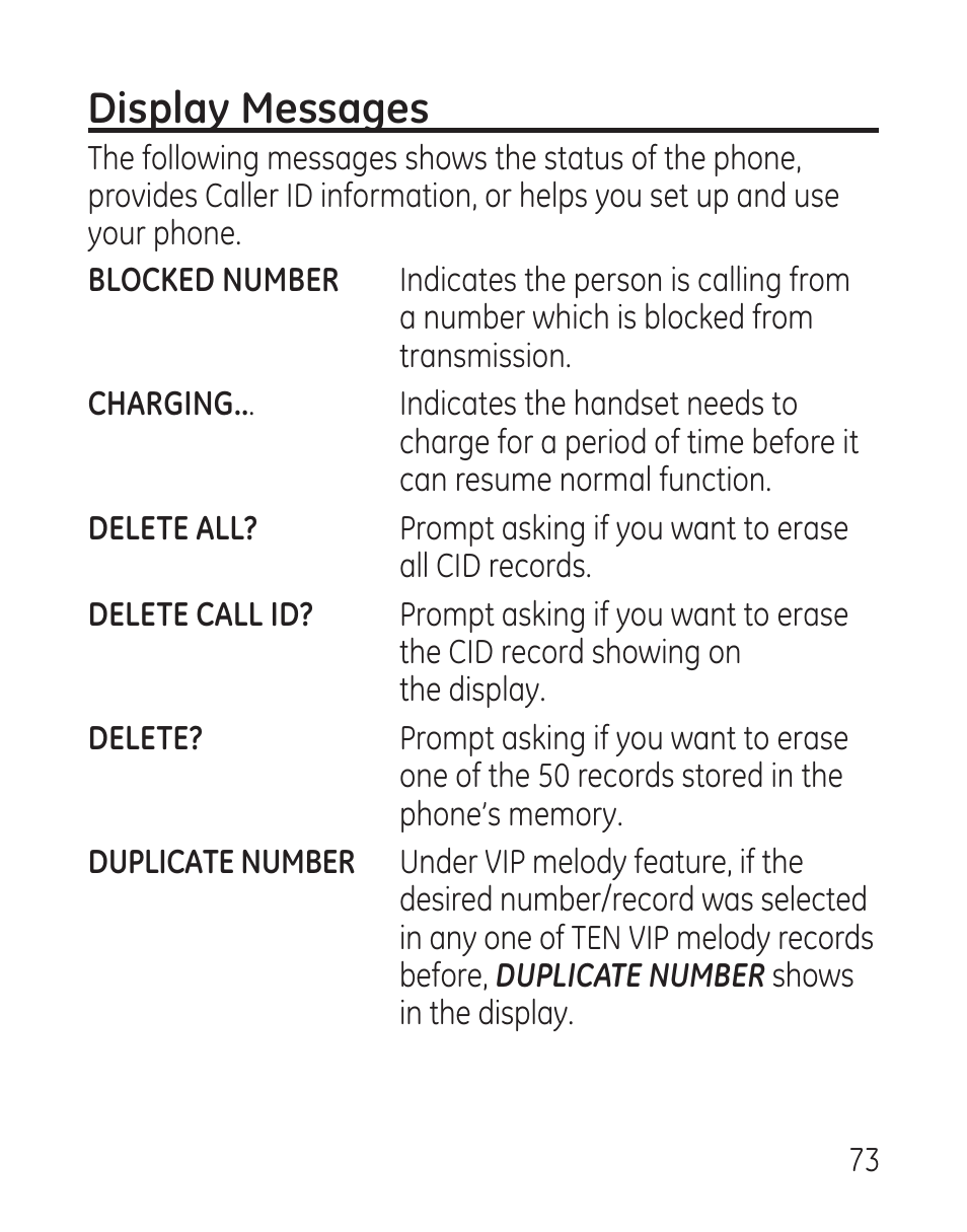Display messages | GE 27907 Series User Manual | Page 73 / 94