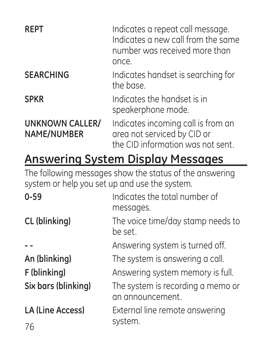 Answering system display messages | GE 27907 Series User Manual | Page 76 / 94