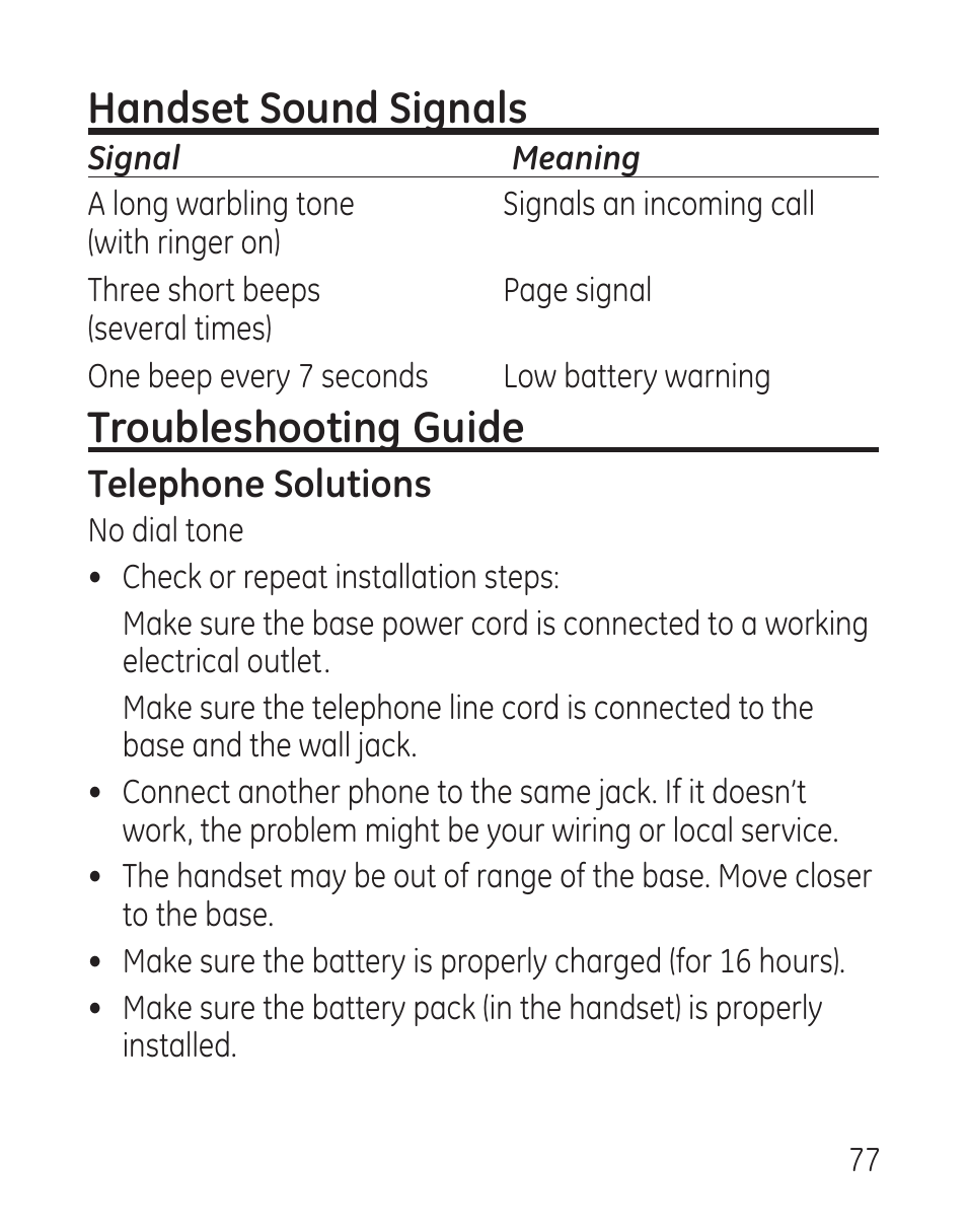 Handset sound signals, Troubleshooting guide, Telephone solutions | GE 27907 Series User Manual | Page 77 / 94