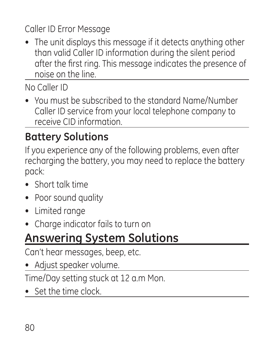 Answering system solutions, Battery solutions | GE 27907 Series User Manual | Page 80 / 94