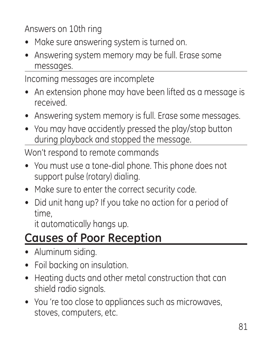 Causes of poor reception | GE 27907 Series User Manual | Page 81 / 94